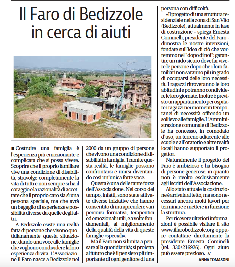 Articolo giornale di Brescia su casa famiglia